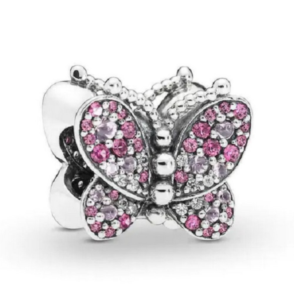 New Pandora Sparkling Pink Pave Butterfly Clear CZ Charm 797882NCCMX